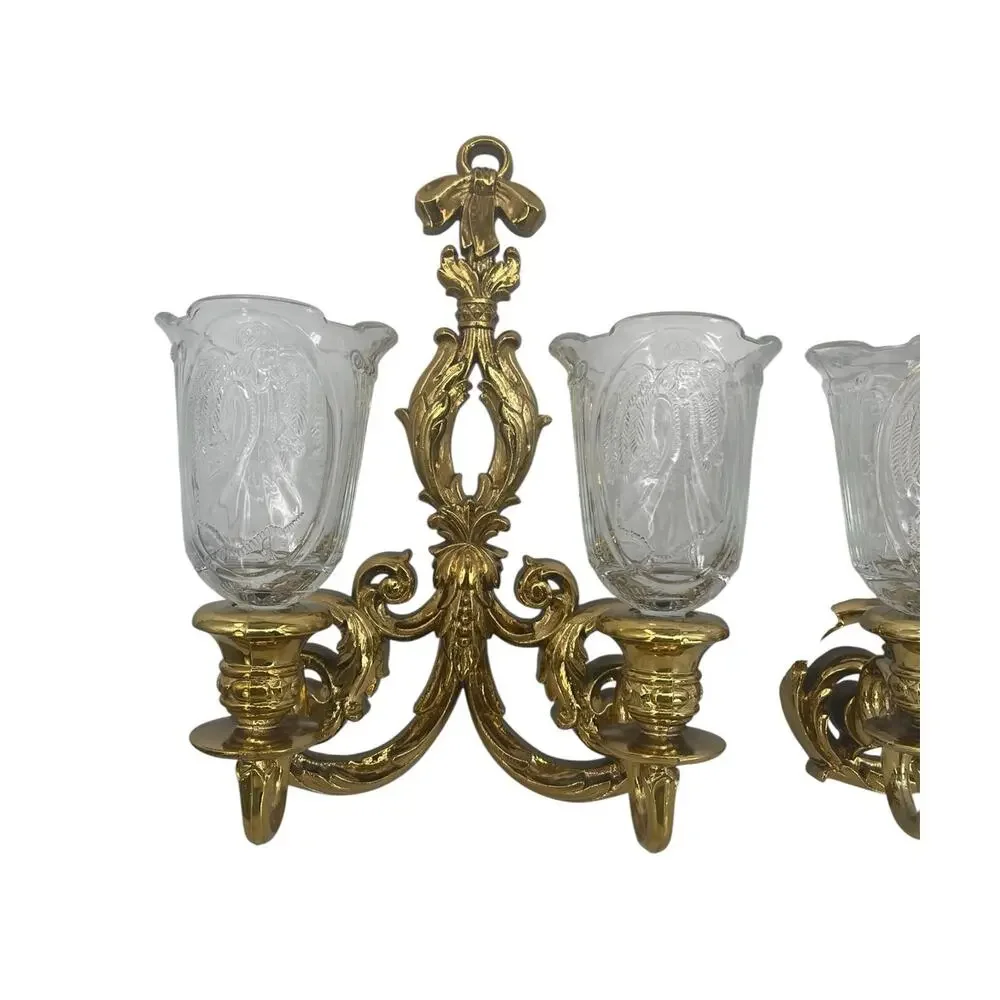 Vintage Homco Double Candle Sconces Pair Gold Hollywood Regency Angel Shades
